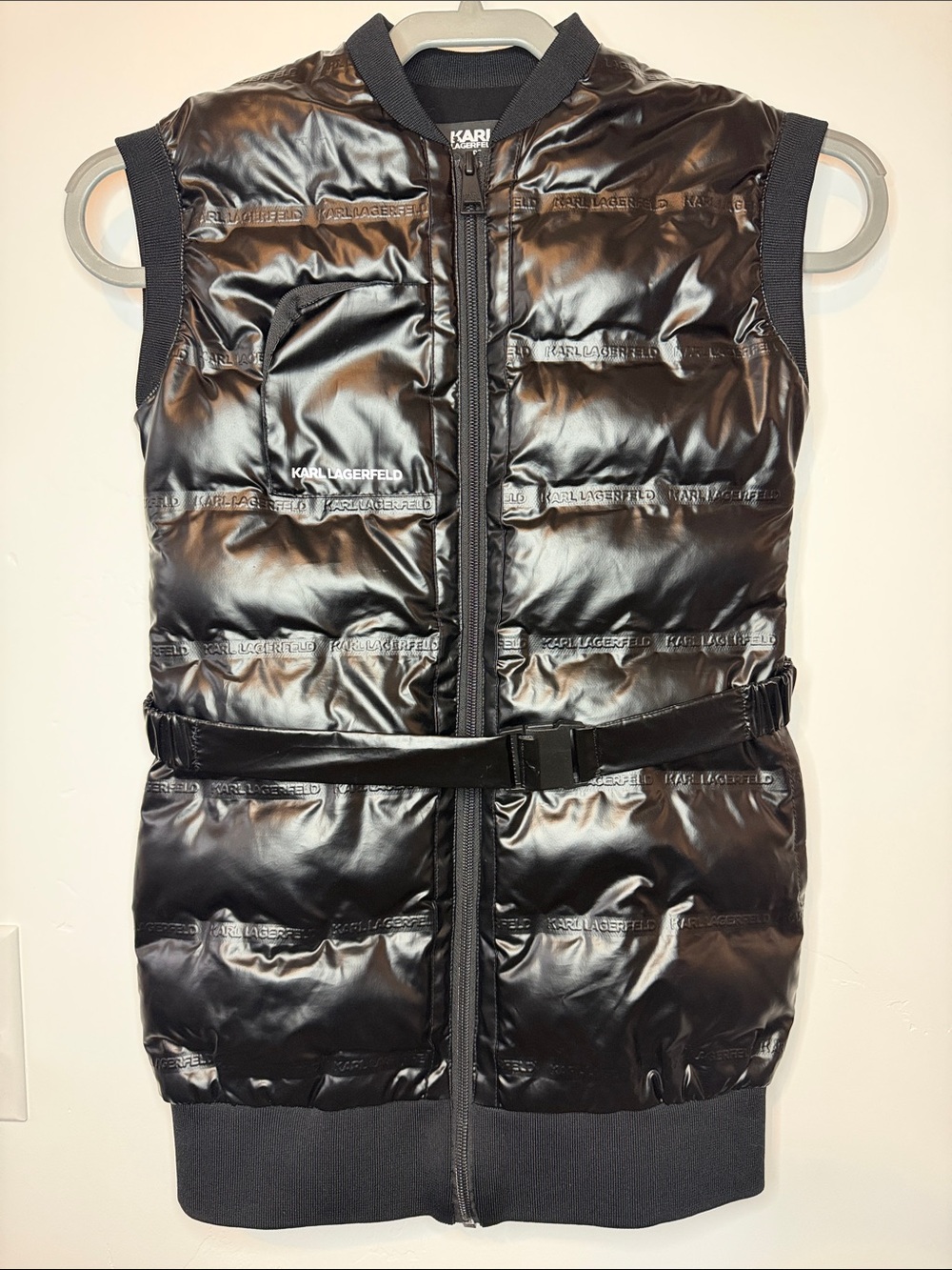 Karl Lagerfeld Shiny Black Quilted Belted Puffer Vest